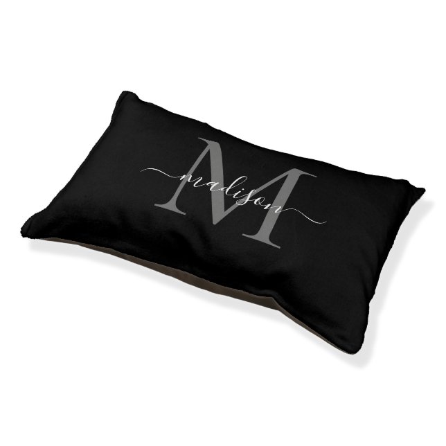 Elegant Monogram Black Gray Feminine Girly Script  Pet Bed (Angled)
