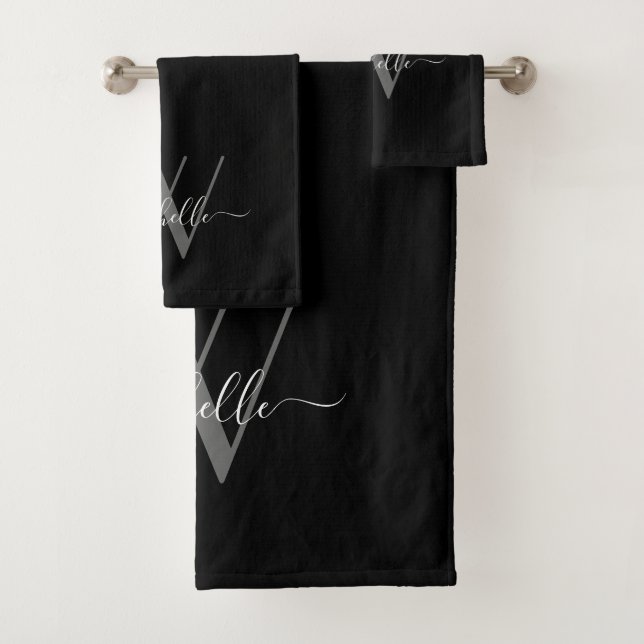 Elegant Monogram Black Gray Name Script Bath Towel Set (Insitu)