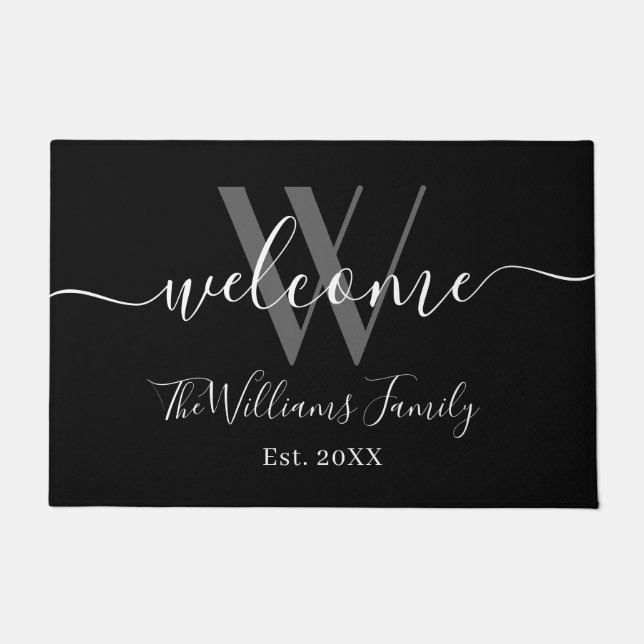 Elegant Monogram Black Gray Name Script Wedding Doormat (Front)