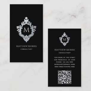 Elegant Monogram Black Gray Vintage Crest QR Code Business Card