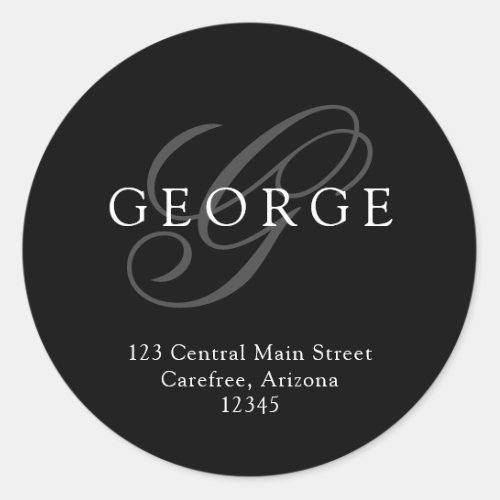 Elegant Monogram Black Grey Address Classic Round Sticker