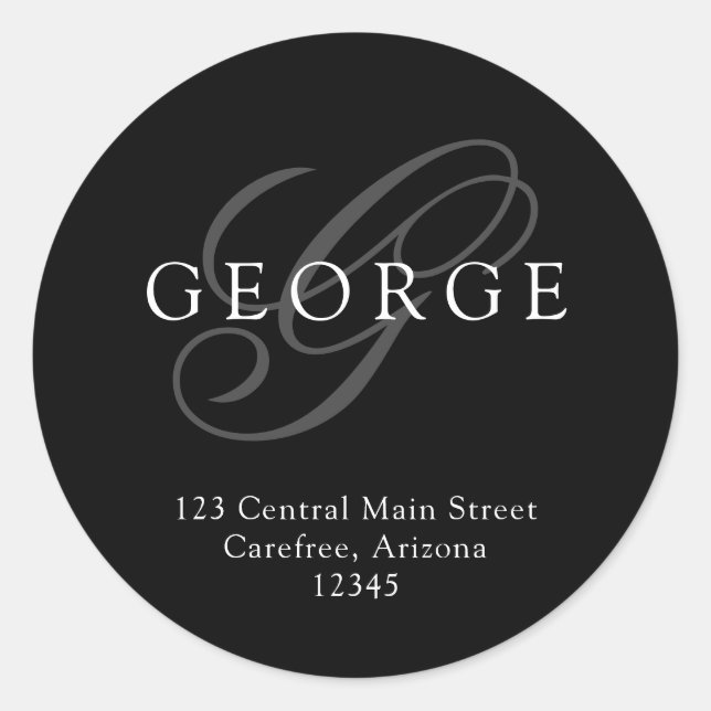 Elegant Monogram Black Grey Address Classic Round Sticker (Front)