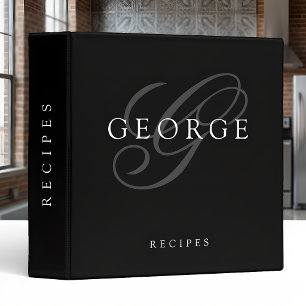 Elegant Monogram Black Grey Name Recipe 3 Ring Binder