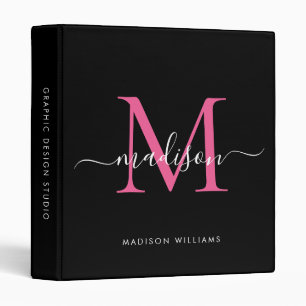 Elegant Monogram Black Hot Pink Office School 3 Ring Binder