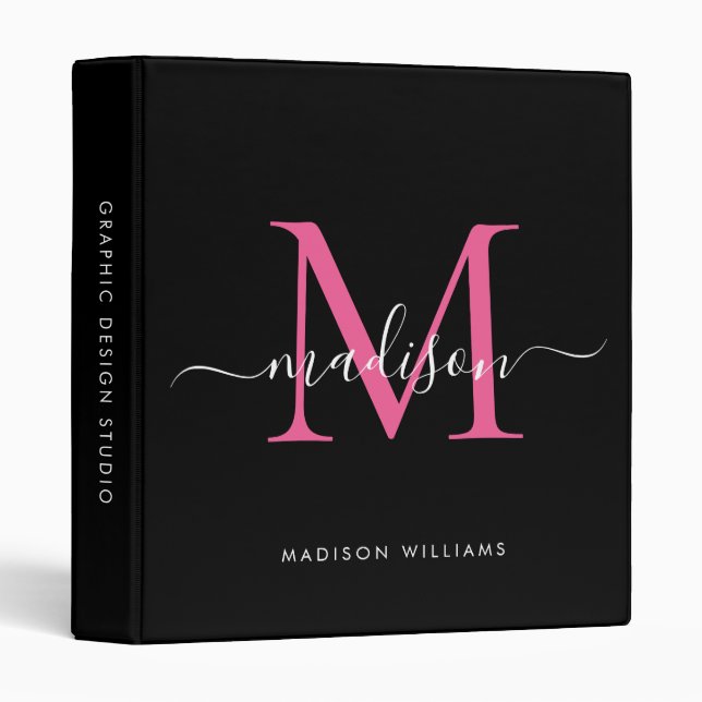 Elegant Monogram Black Hot Pink Office School 3 Ring Binder (Front/Spine)