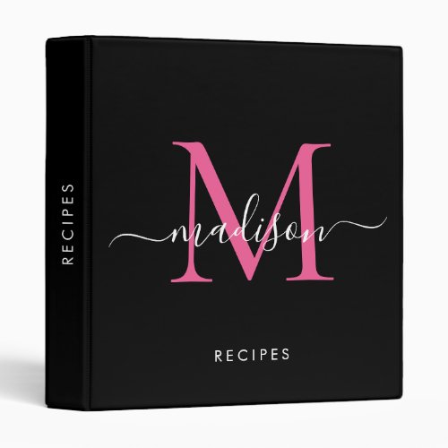 Elegant Monogram Black Hot Pink Script Name Recipe 3 Ring Binder