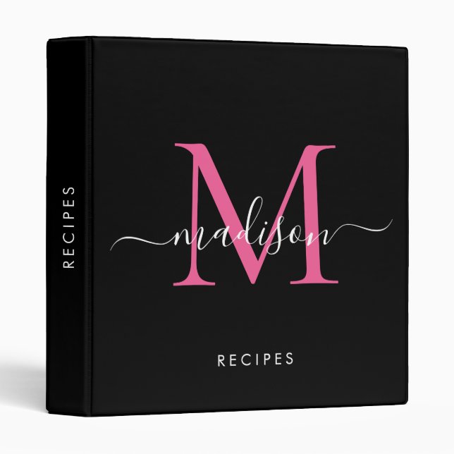 Elegant Monogram Black Hot Pink Script Name Recipe 3 Ring Binder (Front/Spine)