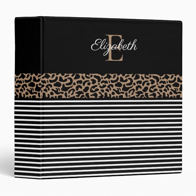 Elegant Monogram black Leopard Animal Print 3 Ring Binder (Front/Spine)