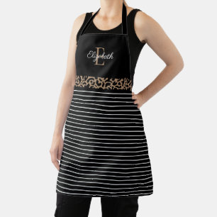 Elegant Monogram black Leopard Animal Print Apron