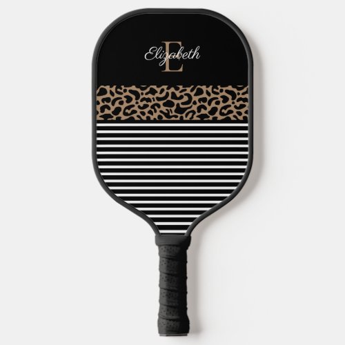 Elegant Monogram Black Leopard Animal Print Pickleball Paddle