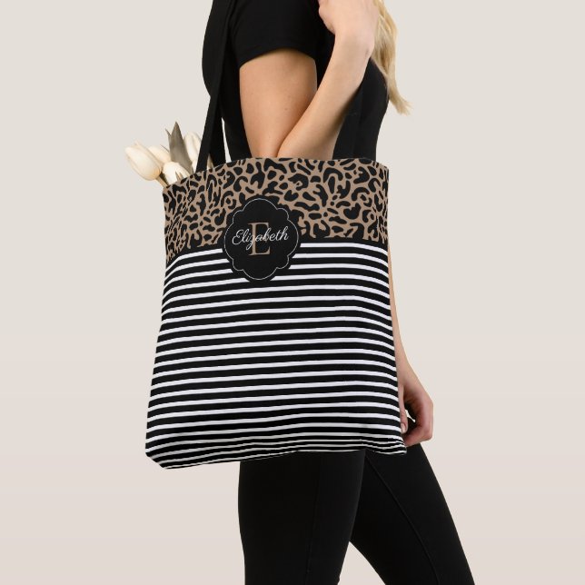 Elegant Monogram black Leopard Animal Print Tote B (Close Up)