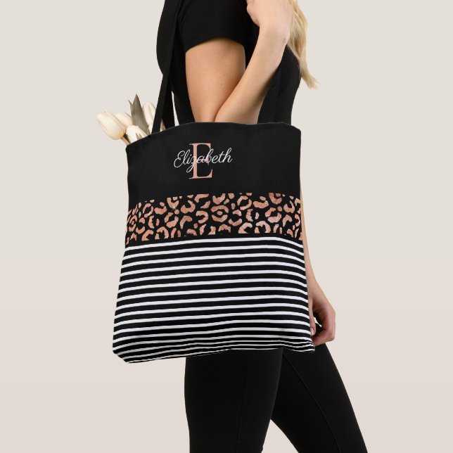 Elegant Monogram black Leopard Animal Print Tote B Bag (Close Up)