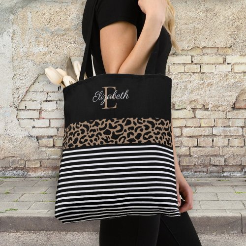Elegant Monogram black Leopard Animal Print Tote Bag