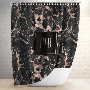 Elegant Monogram Black Marble Shower Curtain