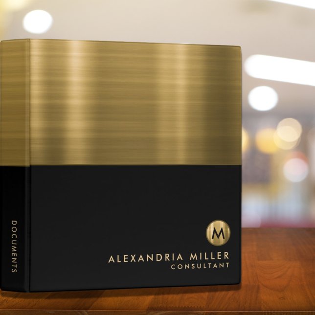 Elegant Monogram Black Metallic Gold Office School 3 Ring Binder (Creator Uploaded)