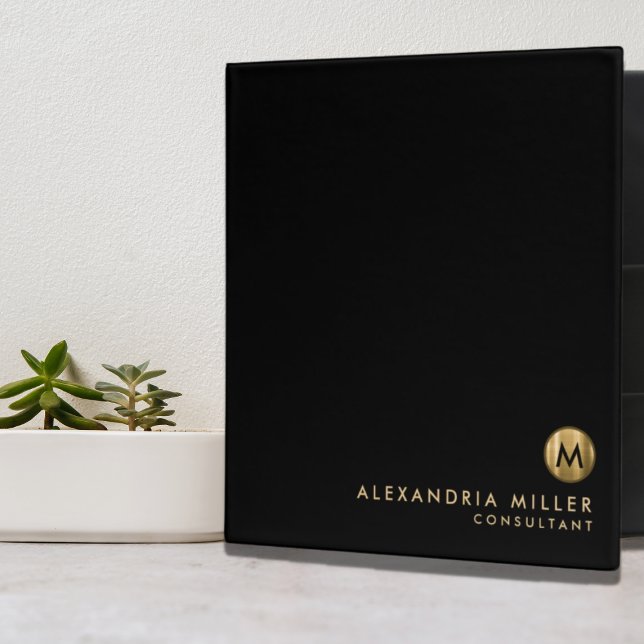 Elegant Monogram Black Metallic Gold Office School 3 Ring Binder (Creator Uploaded)