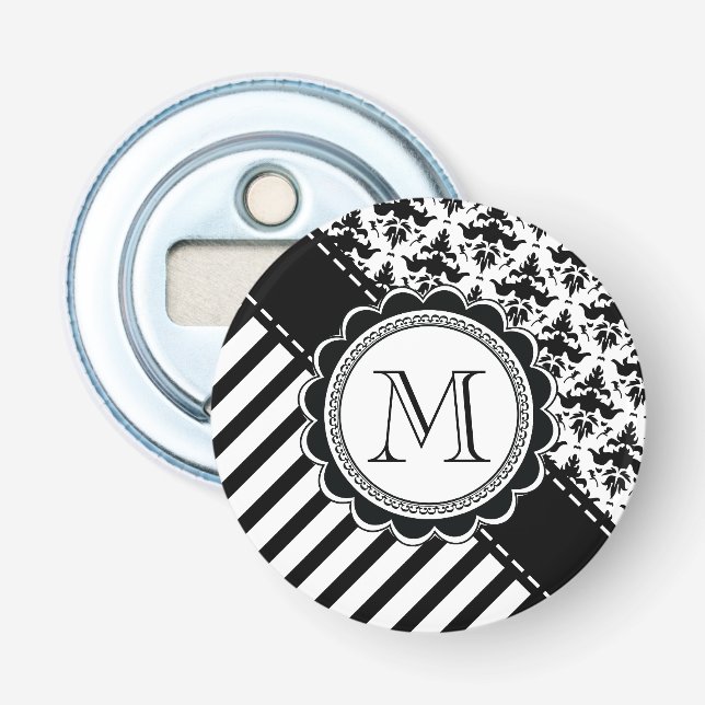 Elegant Monogram Black n White Stripes and Damask Bottle Opener (Front)