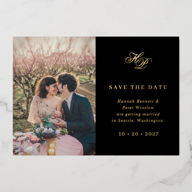 Elegant Monogram Black Photo Save The Date Foil Invitation (Front)