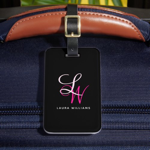 Elegant Monogram Black Pink Script Luggage Tag