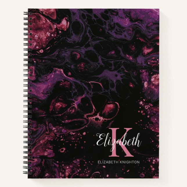Elegant Monogram Black Purple Script Notebook (Front)