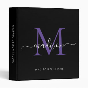 Elegant Monogram Black Purple Violet Office School 3 Ring Binder