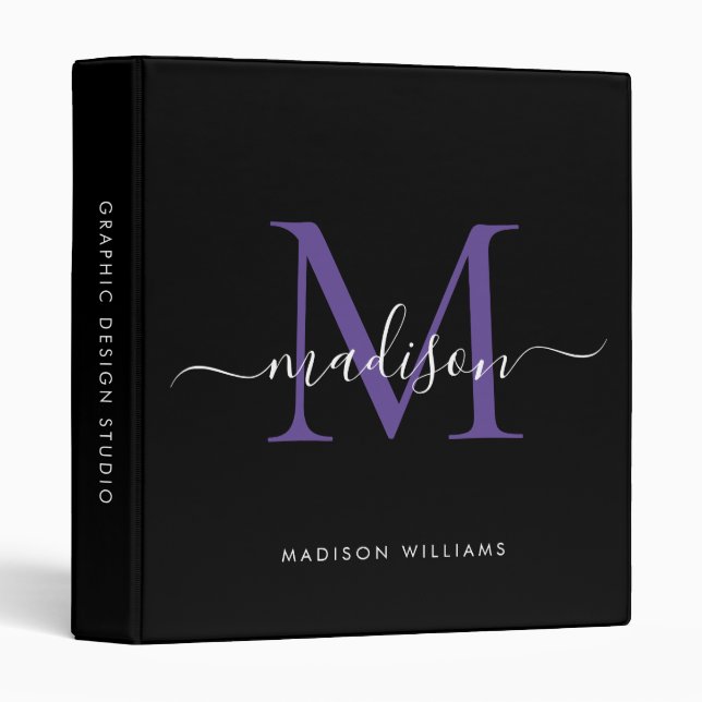 Elegant Monogram Black Purple Violet Office School 3 Ring Binder (Front/Spine)