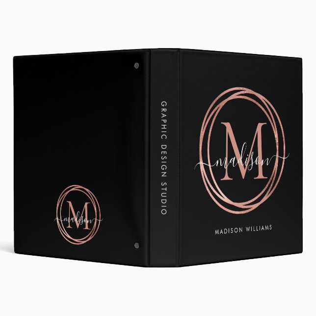 Elegant Monogram Black Rose Gold Blush Pink Girly 3 Ring Binder (Background)