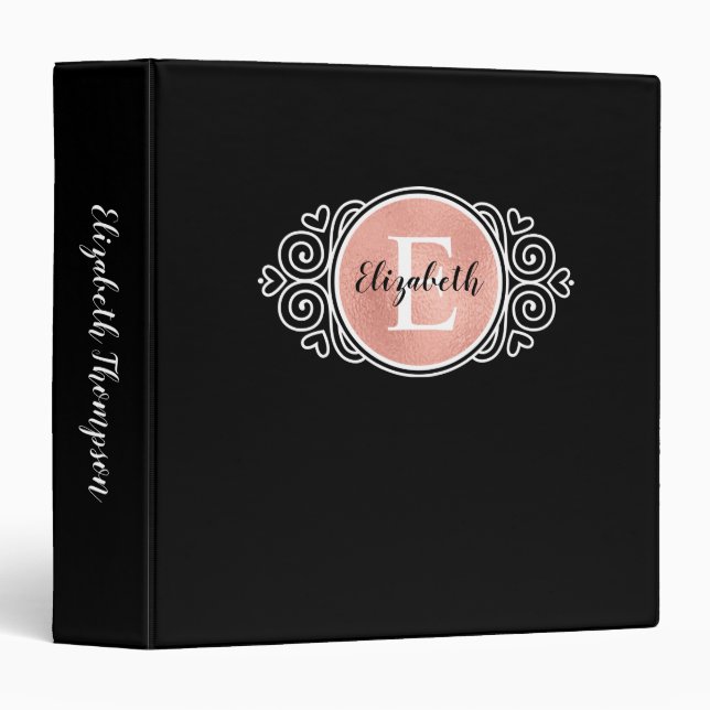 Elegant Monogram Black Rose Gold Foil  3 Ring Binder (Front/Spine)