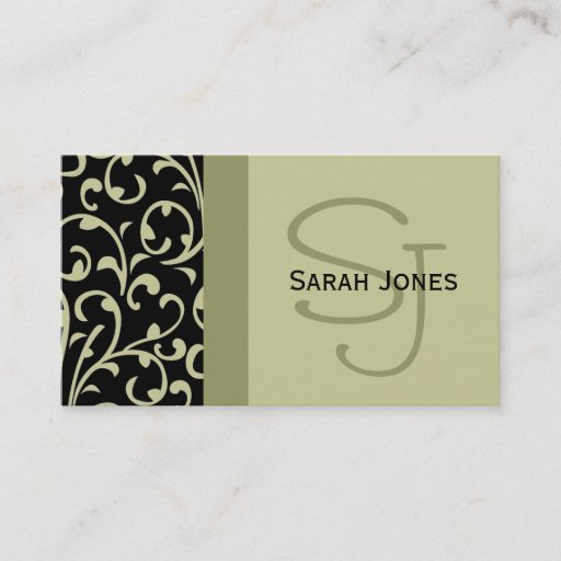 Customizable Elegant Monogram Black Sage Damask Business Card