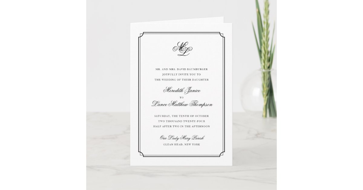 Elegant Monogram Black Script Folded Wedding Invitation | Zazzle