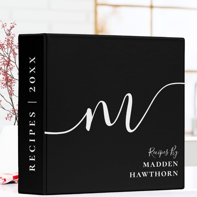 Elegant Monogram Black Script Modern Office School 3 Ring Binder (Creator Uploaded)