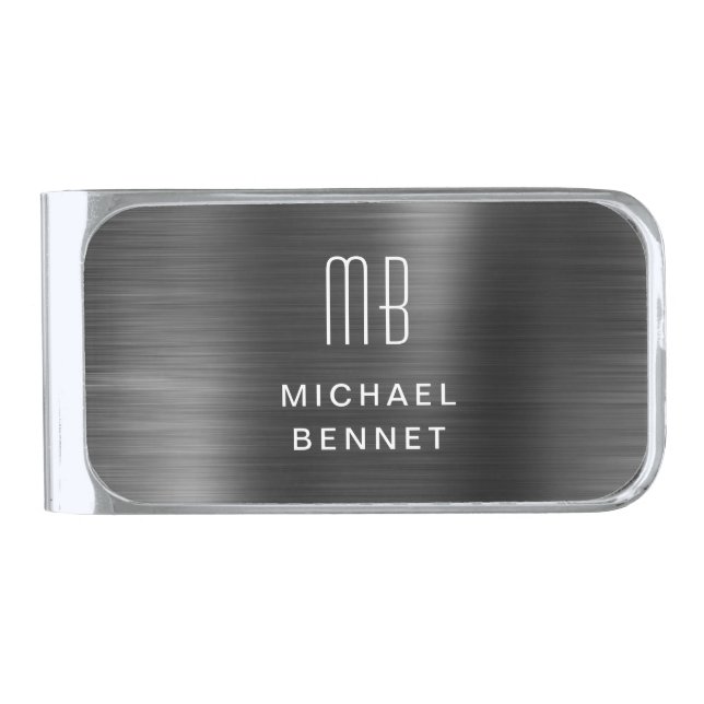 Elegant Monogram Black Silver Finish Money Clip (Front)