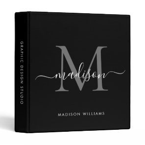 Elegant Monogram Black Silver Gray Office School 3 Ring Binder