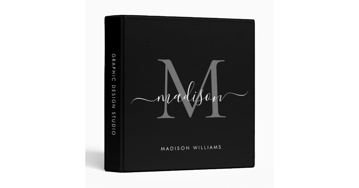 Elegant Monogram Black Silver Gray Office School 3 Ring Binder | Zazzle