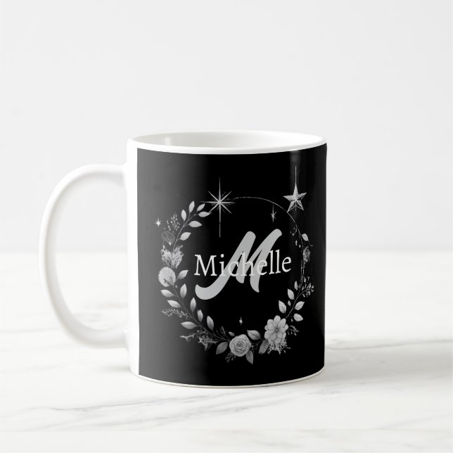 Elegant Monogram Black Silver Script Coffee Mug (Left)