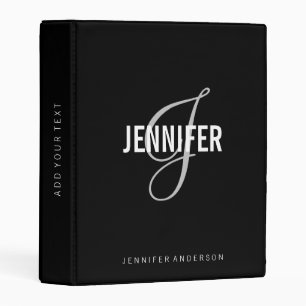Elegant Monogram Black Silver Script Office School Mini Binder
