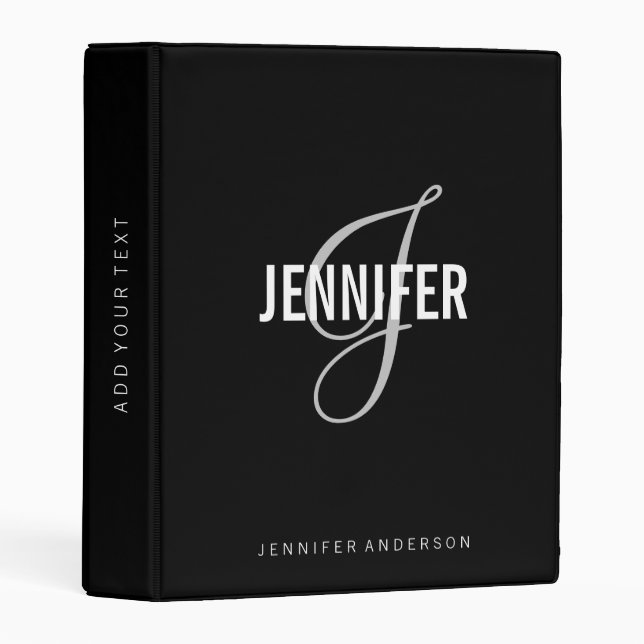 Elegant Monogram Black Silver Script Office School Mini Binder (Front/Spine)