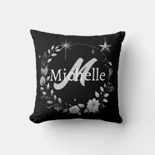 Elegant Monogram Black Silver Script Throw Pillow