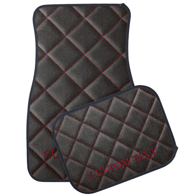 Elegant Monogram Black Soft Leather Red Stitching Car Floor Mat (Set)