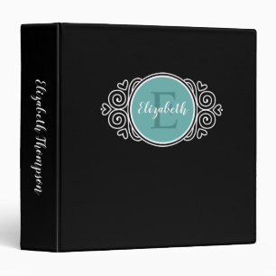 Elegant Monogram Black Teal Script Name Initial 3 Ring Binder