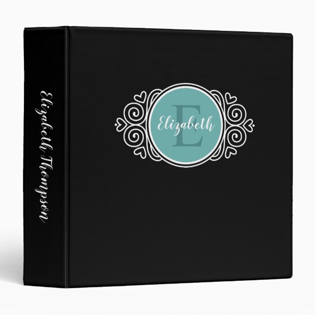 Elegant Monogram Black Teal Script Name Initial 3 Ring Binder (Front/Spine)