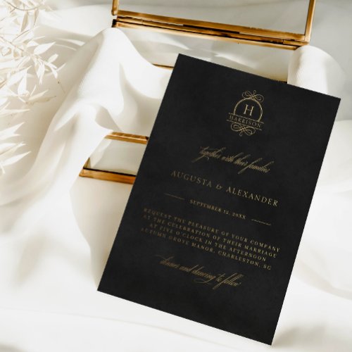 Elegant Monogram Black Velvet Texture Wedding Foil Invitation