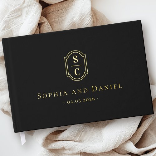 Elegant monogram black wedding names date foil foil guest book 