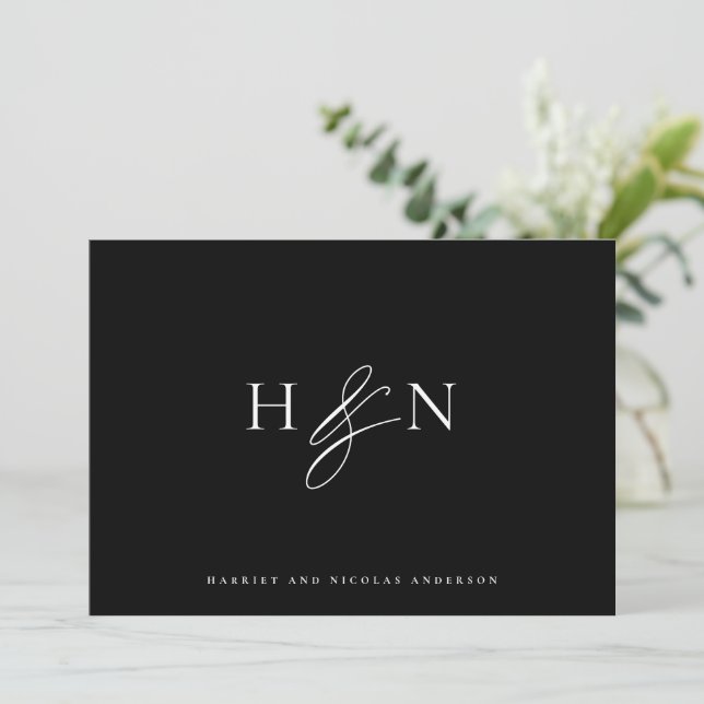 Elegant Monogram Black Wedding Thank You Card (Standing Front)