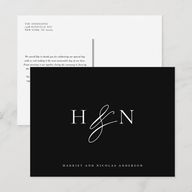 Elegant Monogram Black Wedding Thank You Postcard (Front/Back)