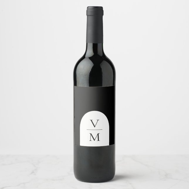 Elegant Monogram Black Wedding Wine Label (Front)
