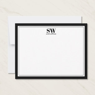 Elegant Monogram Black White Border Minimalist Note Card