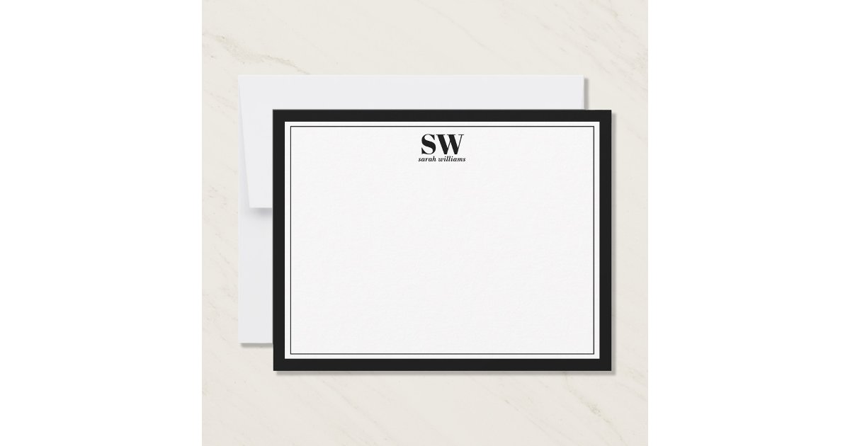 Elegant Monogram Black White Border Minimalist Note Card | Zazzle