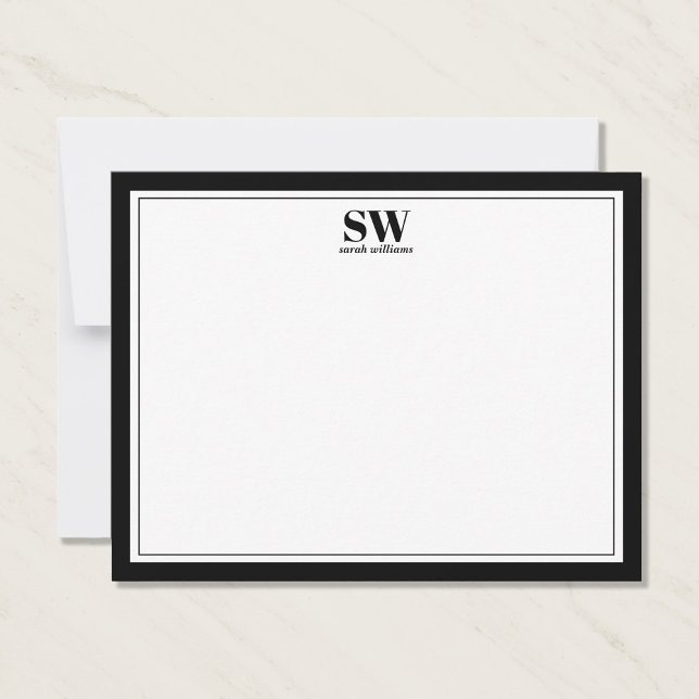 Elegant Monogram Black White Border Minimalist Note Card (Creator Uploaded)