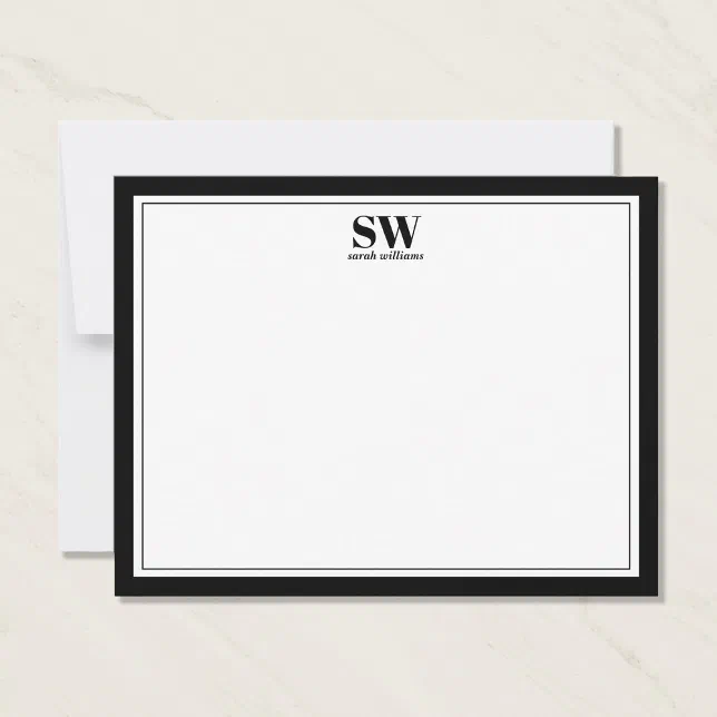 Elegant Monogram Black White Border Minimalist Note Card | Zazzle